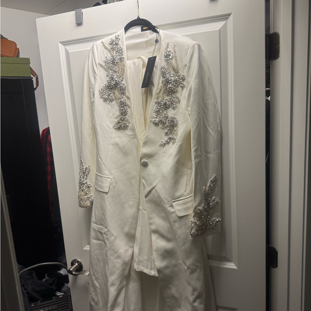 Fashion Nova White Pantsuit with Silver Embellishments